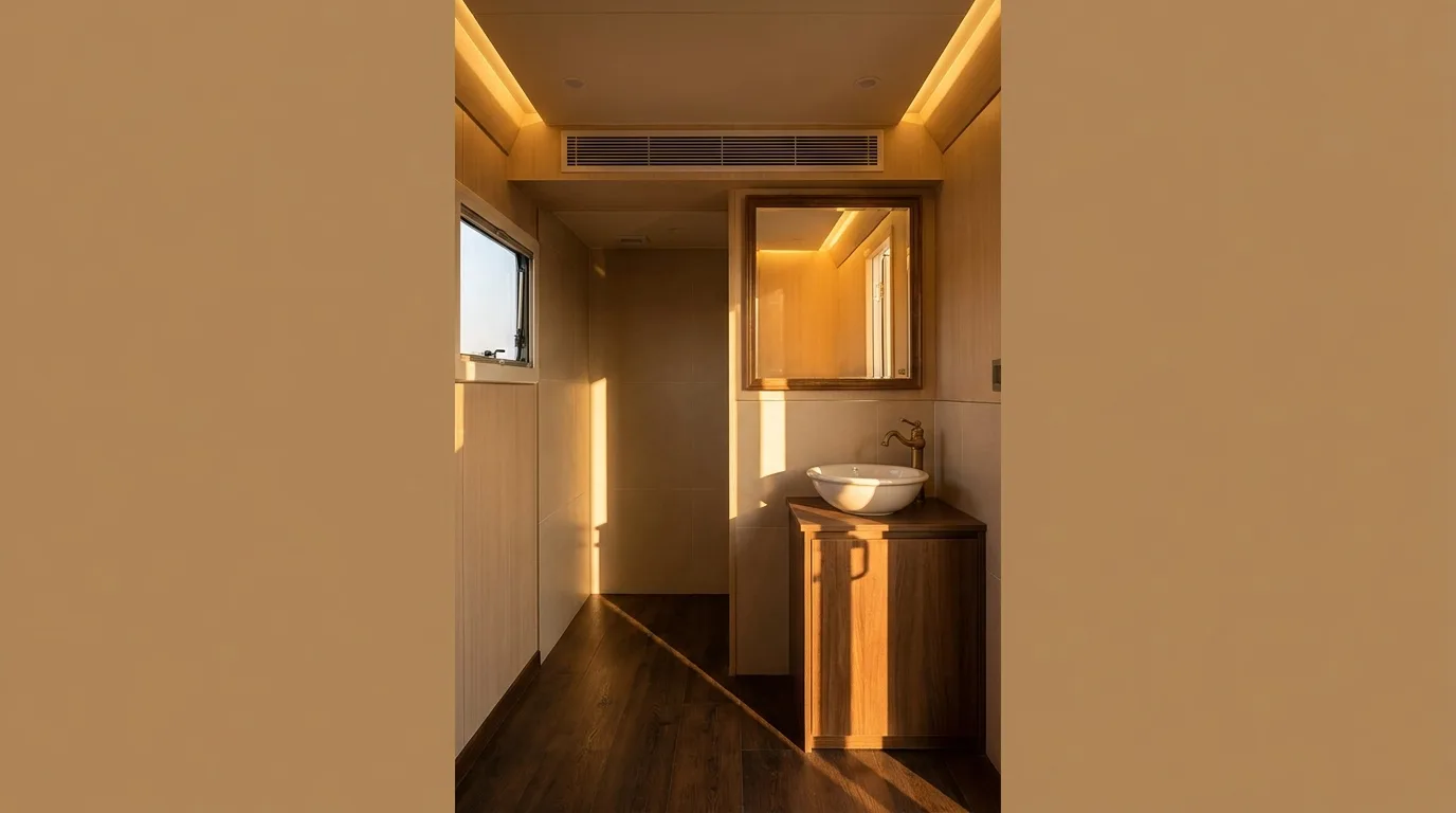 Fitted restroom trailer interior with a vanity and tiled floor