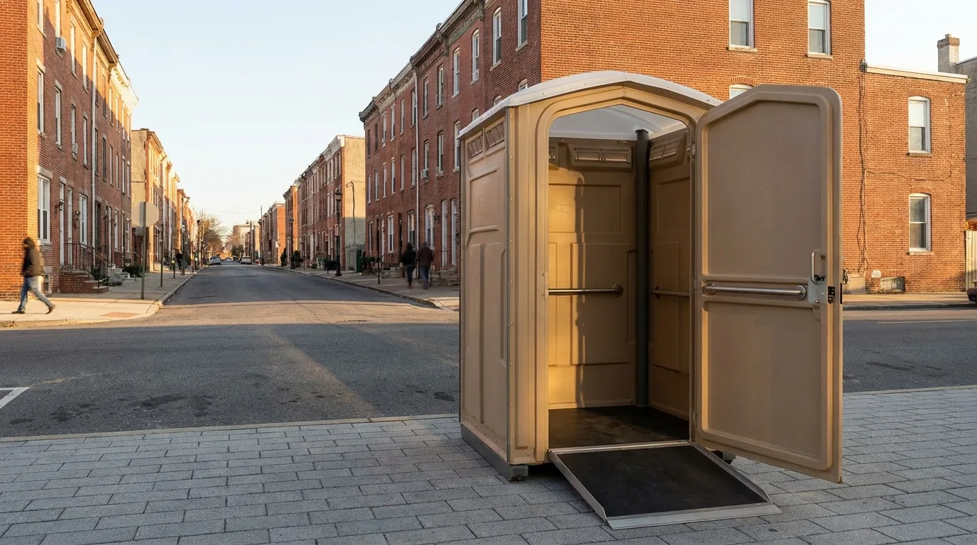 Accessible portable restroom with a wide entry and support rails