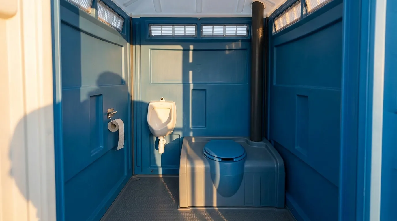 Inside a clean portable toilet, seat closed and floor visible
